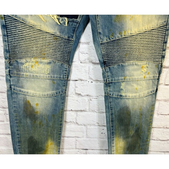 Embellish Mens Jeans‎ 38 x 33 Distressed Destroyed Biker Moto Gold Blue Denim - Picture 6 of 14